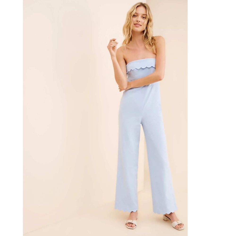 The Frolic Strapless Plum Scallop Jumpsuit S Light Blue Wide Leg Anthropologie